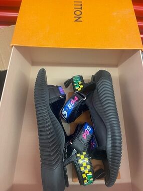 Louis Vuitton Patent Black Sandals with Neon Graphic Straps